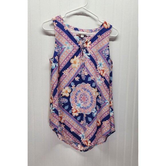 Hibiscus Floral Scarf Tank- XS J. Jill Lightweight Multicolor Peach & Navy - Picture 2 of 11